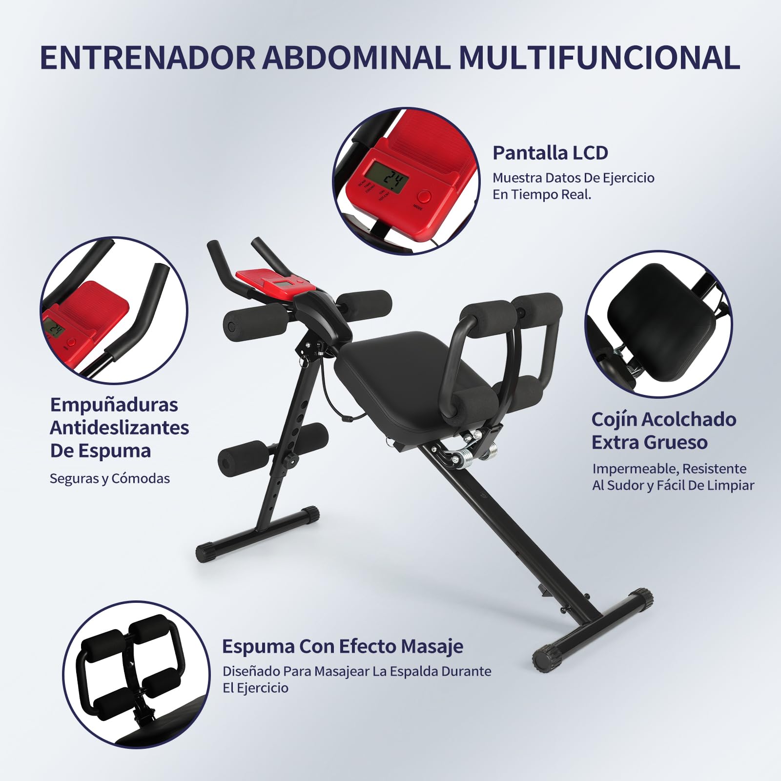 Entrenador Abdominal Multifuncional Plegable con Pantalla LCD, Cojín Acolchado Extra Grueso, Empuñaduras Antideslizantes de Espuma, para Ejercicios de Abdominales y Bíceps en Casa