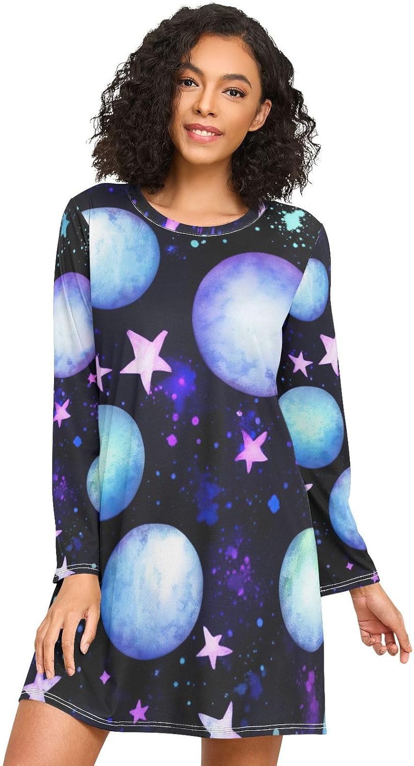 Womens Sleep Shirts, Long Sleeve Womens Nightgown, Casual Pajama Sleep Dress for Fall, Watercolor Planets