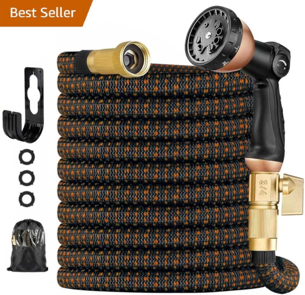 50 ft Expandable Garden Hose - Kink Free Flexible Water Hose with Thumb-Controlled 10-Function Nozzle, 3/4 Solid Brass Connectors, Retractable Latex Core - Lightweight Expanding Hose Orange 50FT