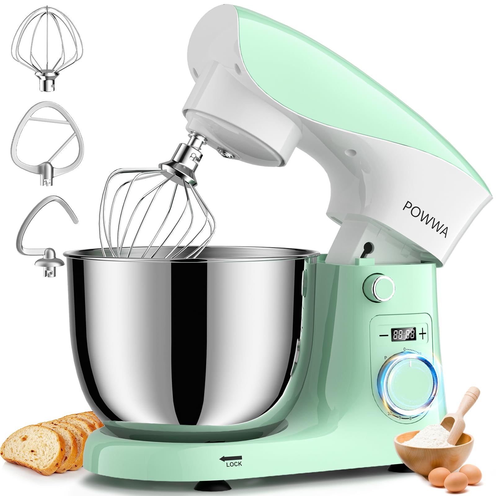 Batidora Amasadora Profesional POWWA 5L, Verde Blanco | Amasadora de Pan Repostería, 10 Velocidades con Pulso, Bajo Ruido, Robot de Cocina Multifunción