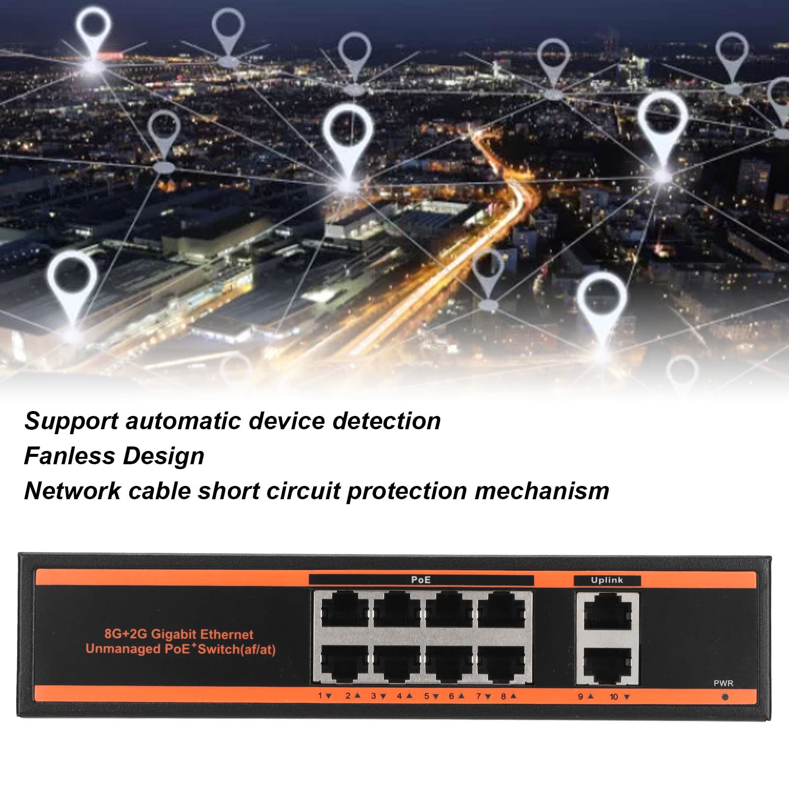 Commutateur Poe Gigabit 10 Ports, Prend en Charge la Détection Automatique des Appareils, 8 Ports Poe 1000M et 2 Ports de Liaison Montante 1000M, Distance de Transmission de 250M pour la Connexion