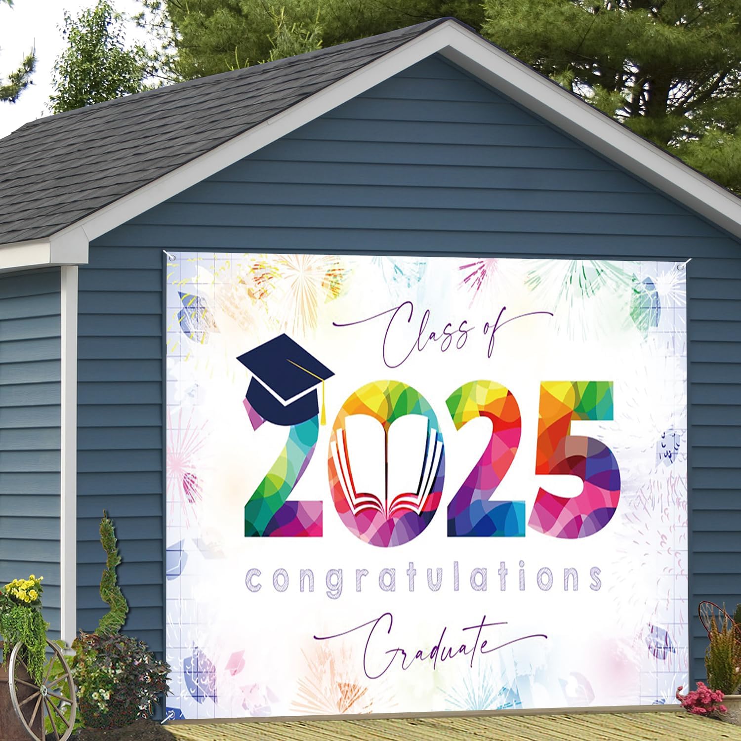 7x8ft Class of 2025 Garage Door Decor Congratucations Colorful Art 2025 Celebrating Fireworks White Photography Background Congrats Grad Party Decorations