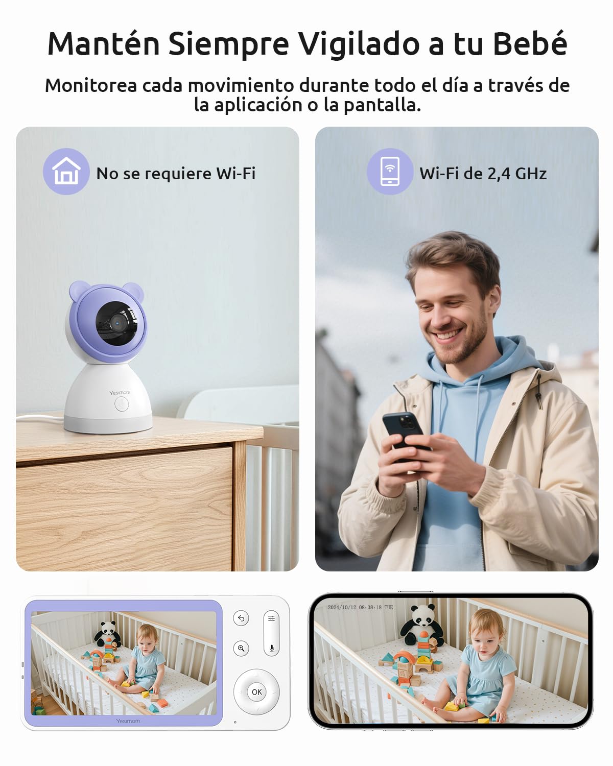 2K/3MP Camara Vigilancia Bebe Inalámbrica con Pantalla 5" IPS y 360° PTZ, Vigilabebes con WiFi y App, Visión Nocturna, Detección de llanto/Movimiento, Audio Bidireccional, Nanas, VOX(1PCS)