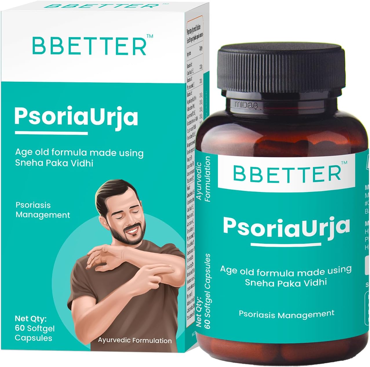 BBETTER PsoriaUrja - Lab Tested Ayurvedic Medicine for Skin Health Management | Made using Sneha Paka Vidhi method | 60 softgels