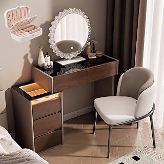 LED Makeup Vanity Table with Mirror 5 Drawers & Chair Stylish Dressing Table for Bedroom Modern Design Perfect for Beauty & Skincare Routine.