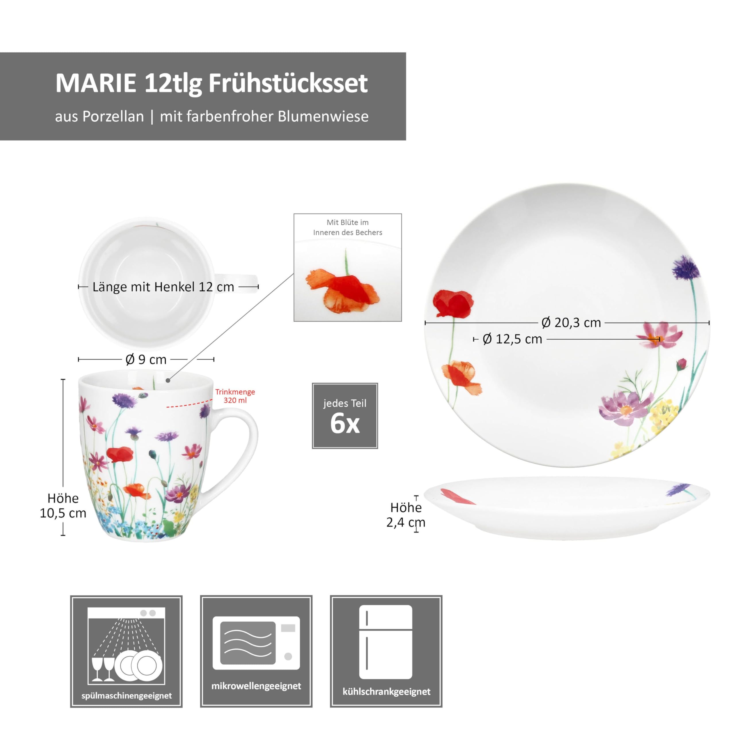 MamboCat Marie 12tlg Frühstücksset I Porzellan-Geschirr mit Blumenwiese-Dekor für 6 Personen I Je 6x Teller & Becher 320ml für Frühstücks- & Kaffeezeit