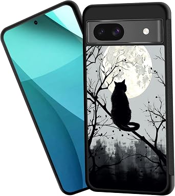 for Pixel 8a Case,Tire Anti-Skid Edges Cute Design Shockproof Bumper Full Protection Back Cover for Google Pixel 8a 6.1 inch,Black Cat and Moon