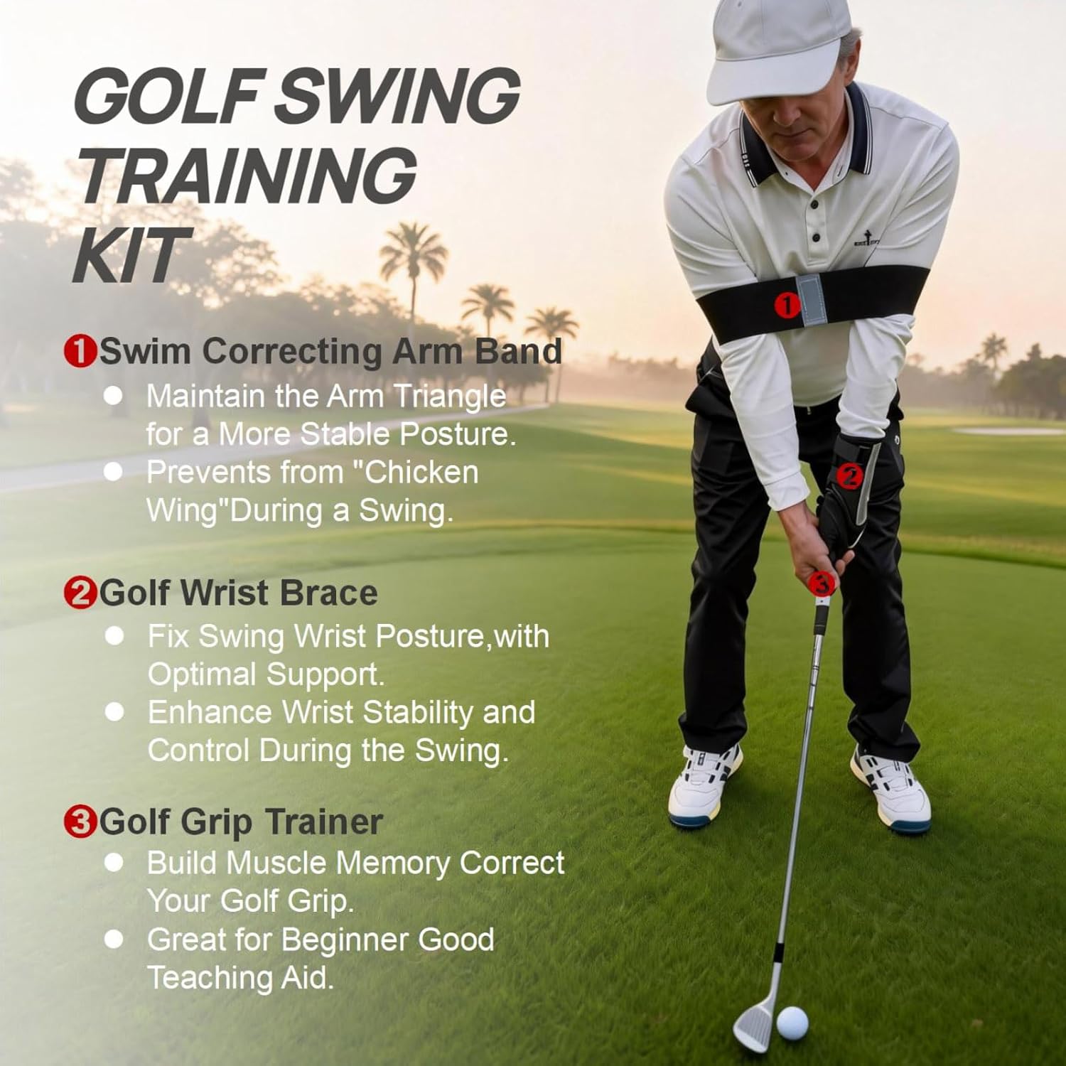 3-Piece Golf Wrist Trainer,Arm Band Kit & Golf Grip -Golf Swing Posture Corrector Training Aid for Men Women Beginners,Premium Gift Box Packaging.