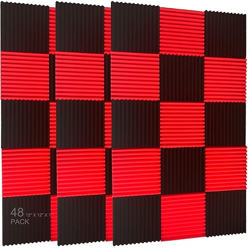 48 Pack Black red 1" x 12" x 12" Acoustic Wedge Studio Foam Sound Absorption Wall Panels