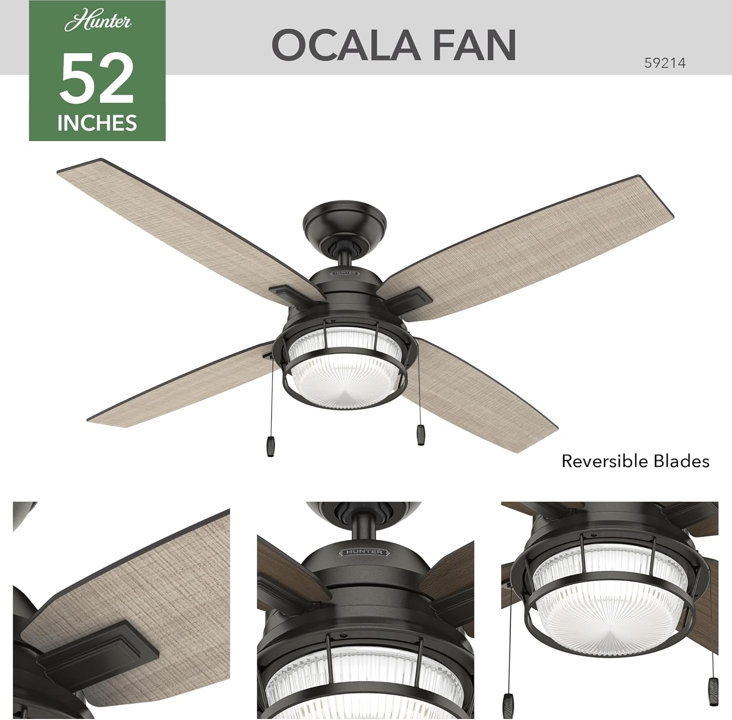Hunter 52 inch Outdoor or Indoor Ceiling Fan with LED Light and Pull Chain - Bronze Rustic Ceiling Fan, Standard Mount, 4 Blades, For Patio, Porch, Garage, or Living Room - Ocala 59214, Noble Bronze
