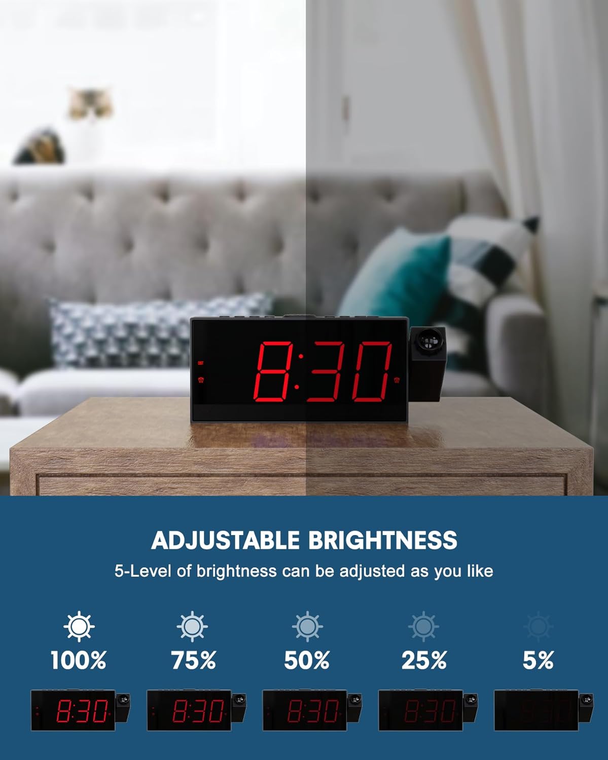 OnLyee Projection Alarm Clock showing different brightness levels of the display.
