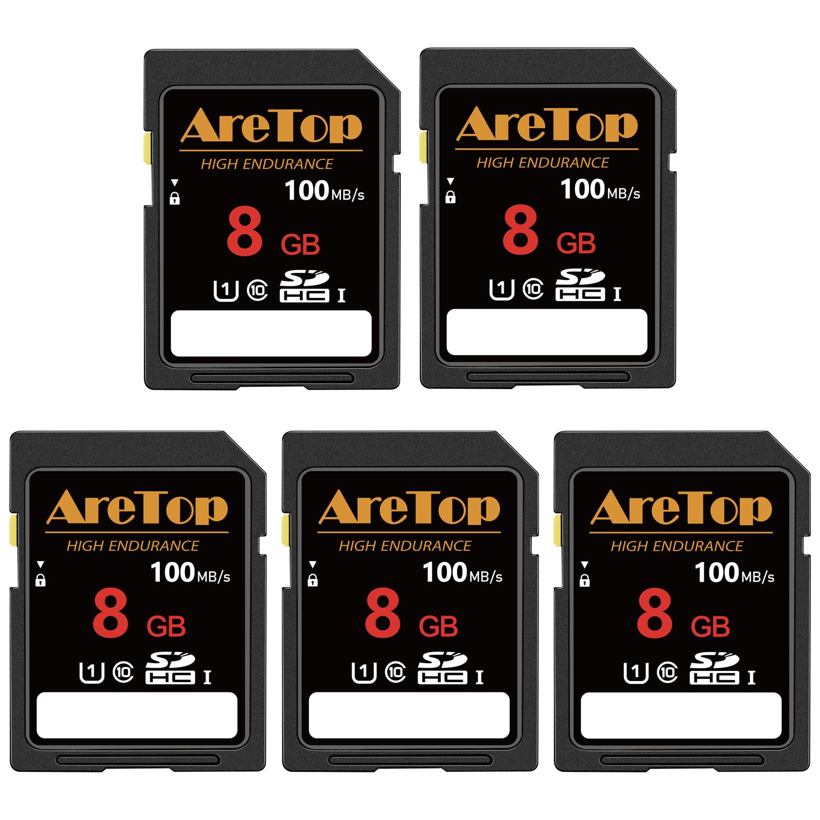 AreTop Scheda SD da 8 GB, confezione da 5 schede di memoria UHS-I classe 10 SDHC, confezione da 5 schede digitali Full HD da 8 GB per fotocamere, DSLR, Action Cam e Trail Camera