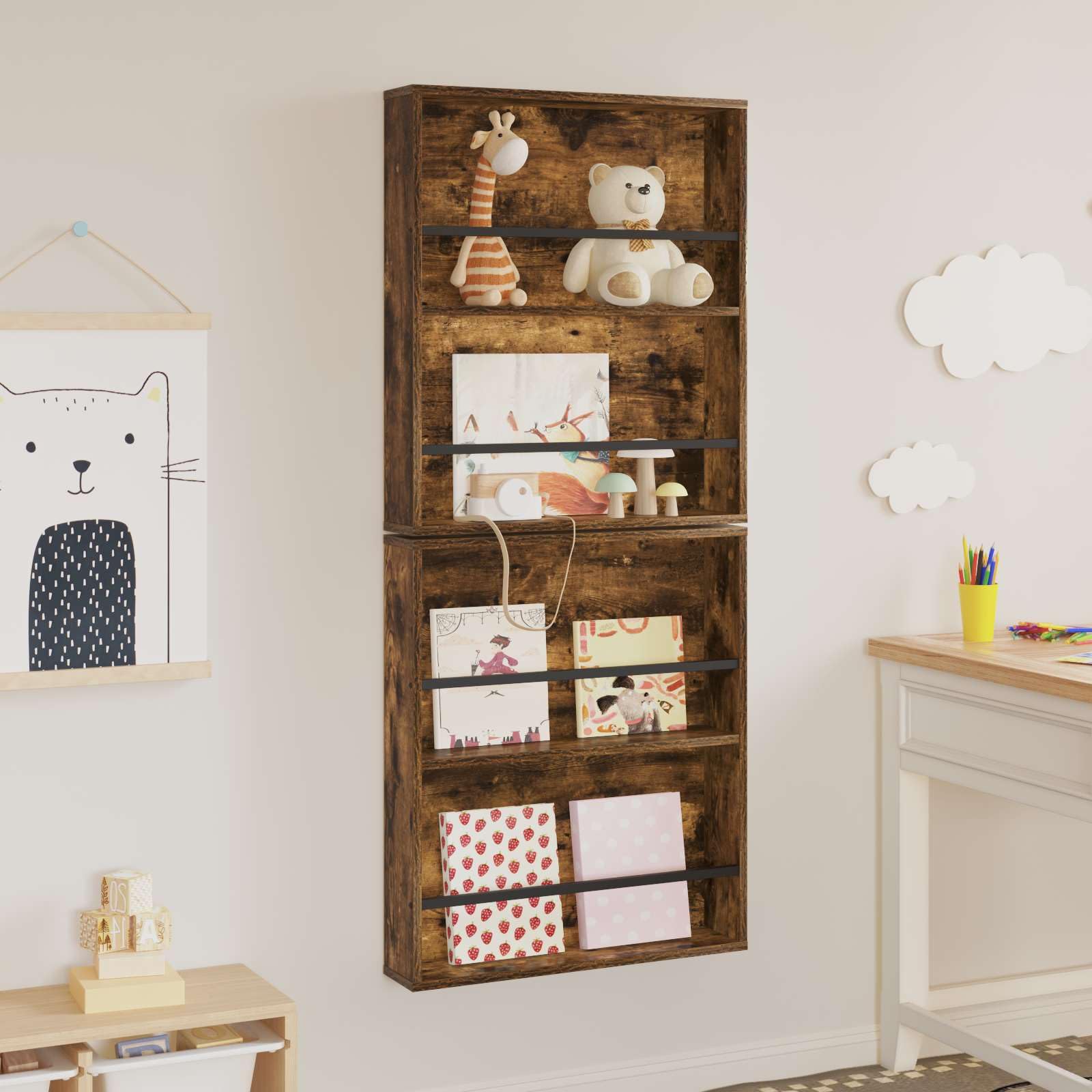 Générique Regał na czasopisma 2 szt., półka ścienna 60 x 12 x 70 cm z drewna inżynieryjnego wędzonego dębu, regulowany uchwyt na czasopisma do salonu lub biura, nowoczesny i praktyczny schowek na