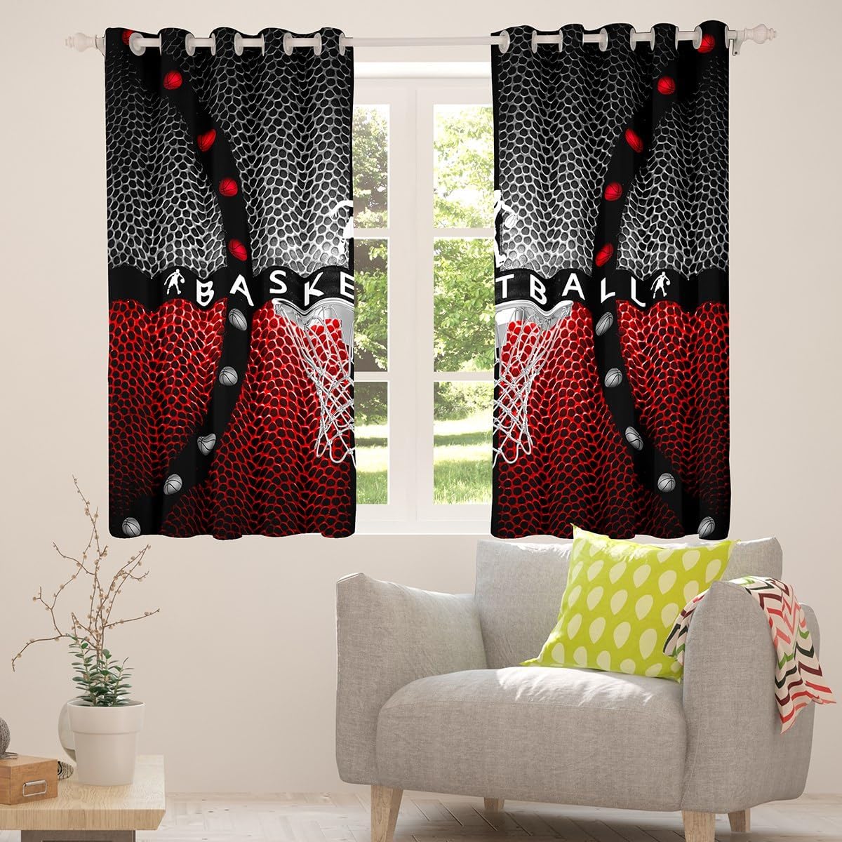 Feelyou Basketball Darkening Drapes Basketball Gaming Blackout Curtains Basketball Frame Black with Red Window Curtains for Kids Boys Girls Sports Game Window Treatments (2 Panels, 42 x 84 Inch)