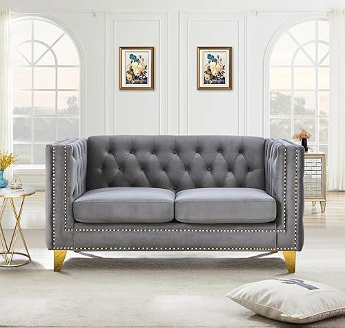 Miniatura 11 de Sofá de terciopelo de 3 plazas, cómodos sofás para sala de estar, sofá moderno con respaldo copetudo y decoración de remaches, sofá largo tapizado