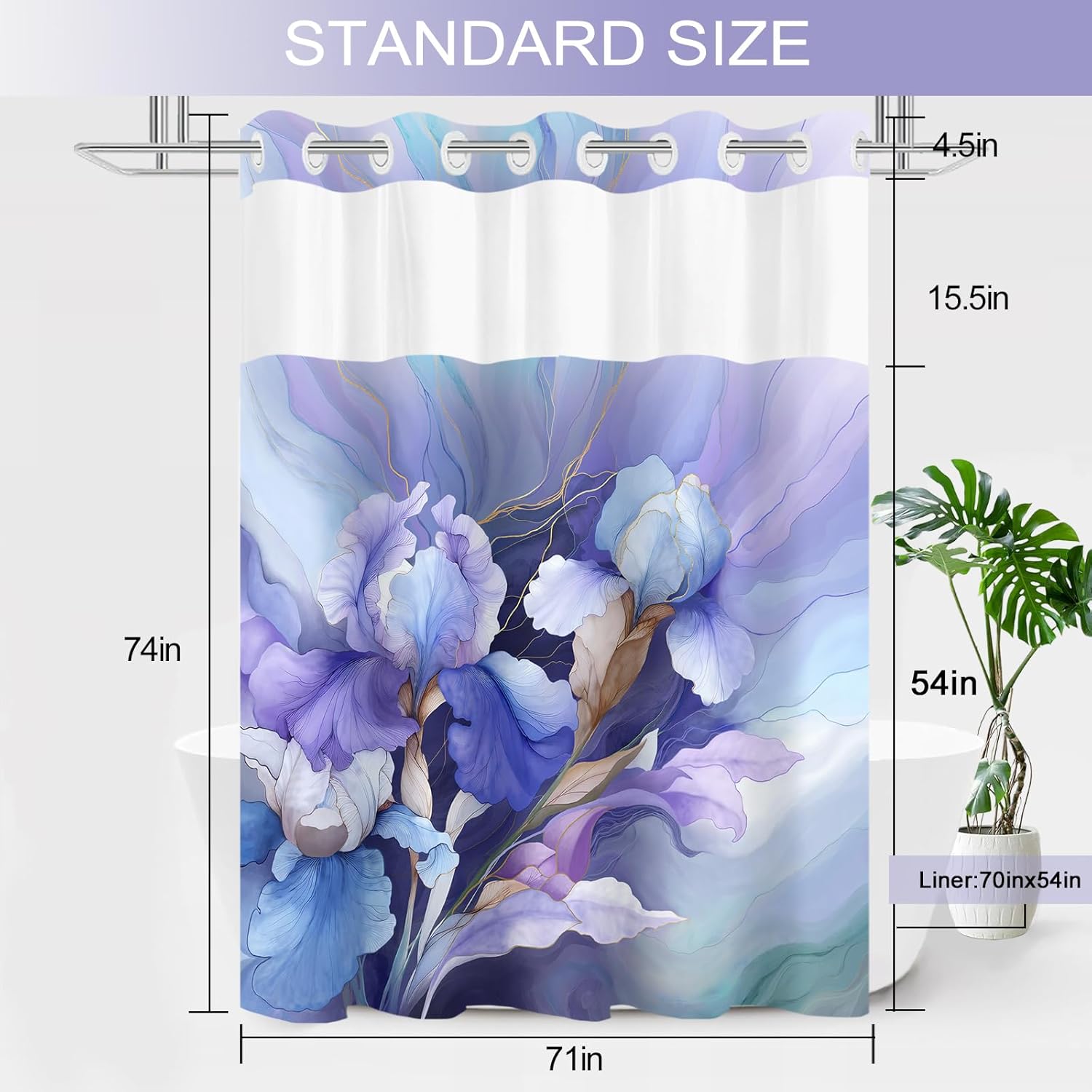 No Hook Shower Curtain and Liner Set, Floral Shower Curtains with Snap in Liner for Bathroom, Elegant Purple Iris Flower Ringless Bath Curtain Waterproof Washable with Mesh Top Window, 71" x 74"