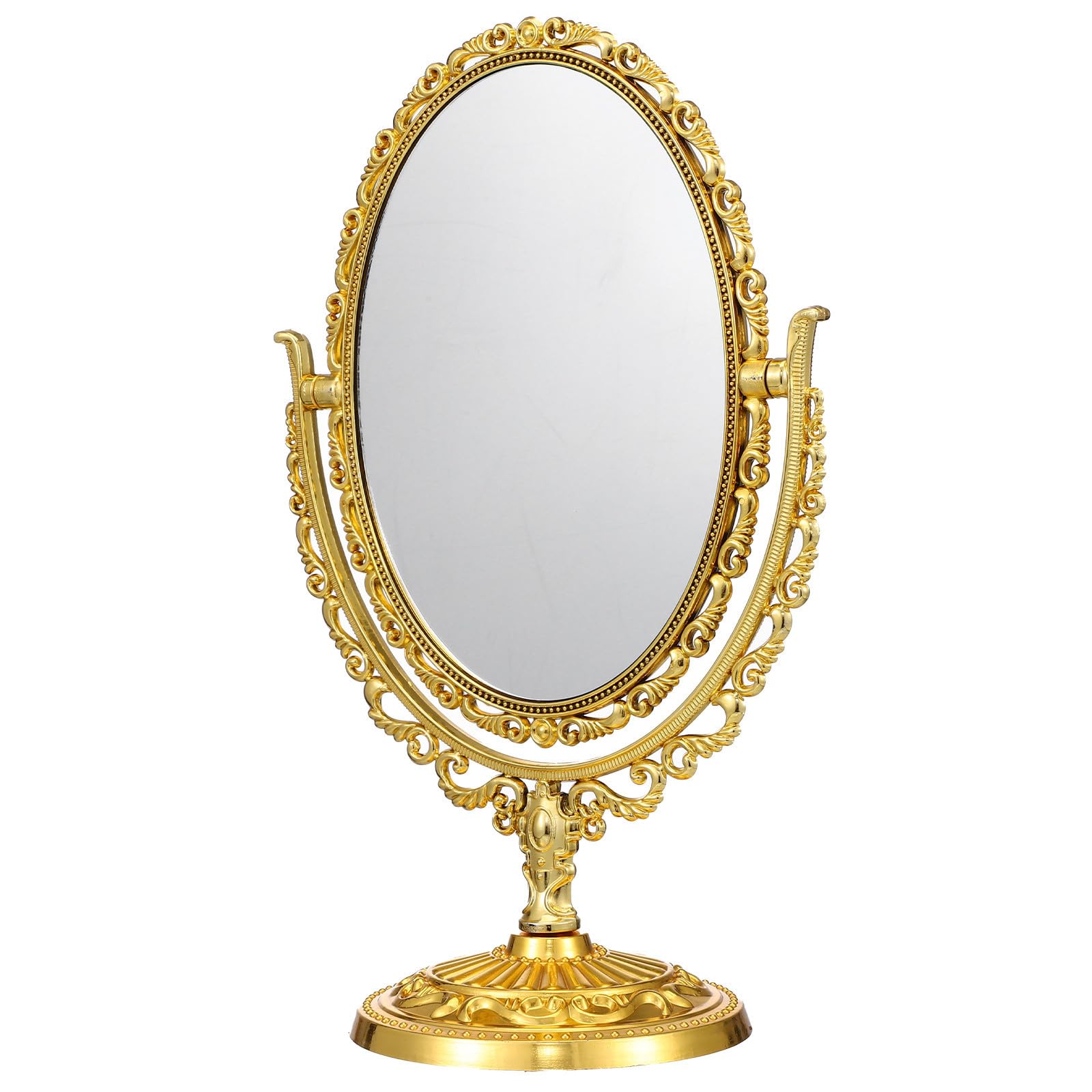 Espejo de maquillaje Hoement ovalado con soporte dorado y diseño giratorio doble cara