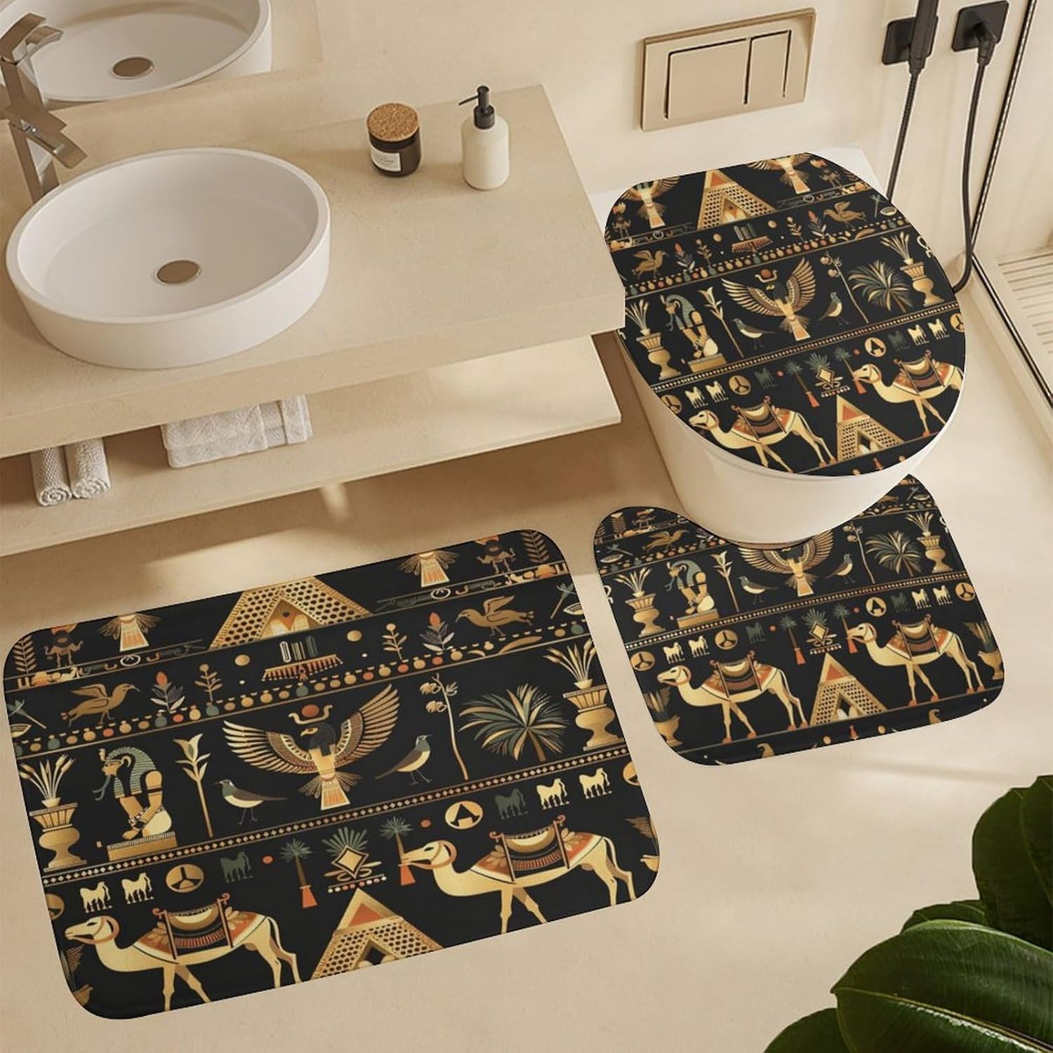 Brebasf Egyptian Temple Pharaoh Animals Shower Curtain Set Bathroom Set Decorative Colorful Rustic Egyptian Tribes Bird 4 Piece Shower Curtain, Toilet Cover, U-Mat, Floor Mat