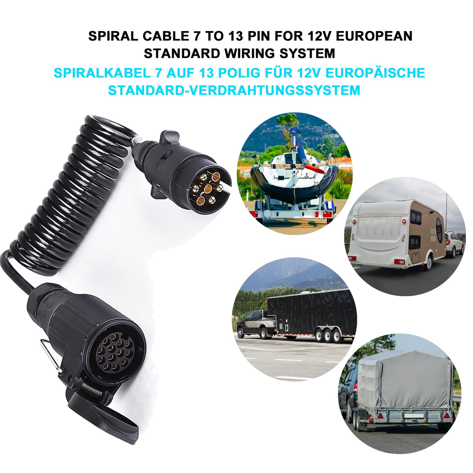 XUEYI 1,5M Cavo Prolunga Rimorchio 7 Poli, con Spina 7 Poli e Presa 13 Poli, 12V Prolunga Cavo per Rimorchio 7 Poli, Cavo Prolunga Spirale Rimorchio 7 Poli, per Caravan Camion RV
