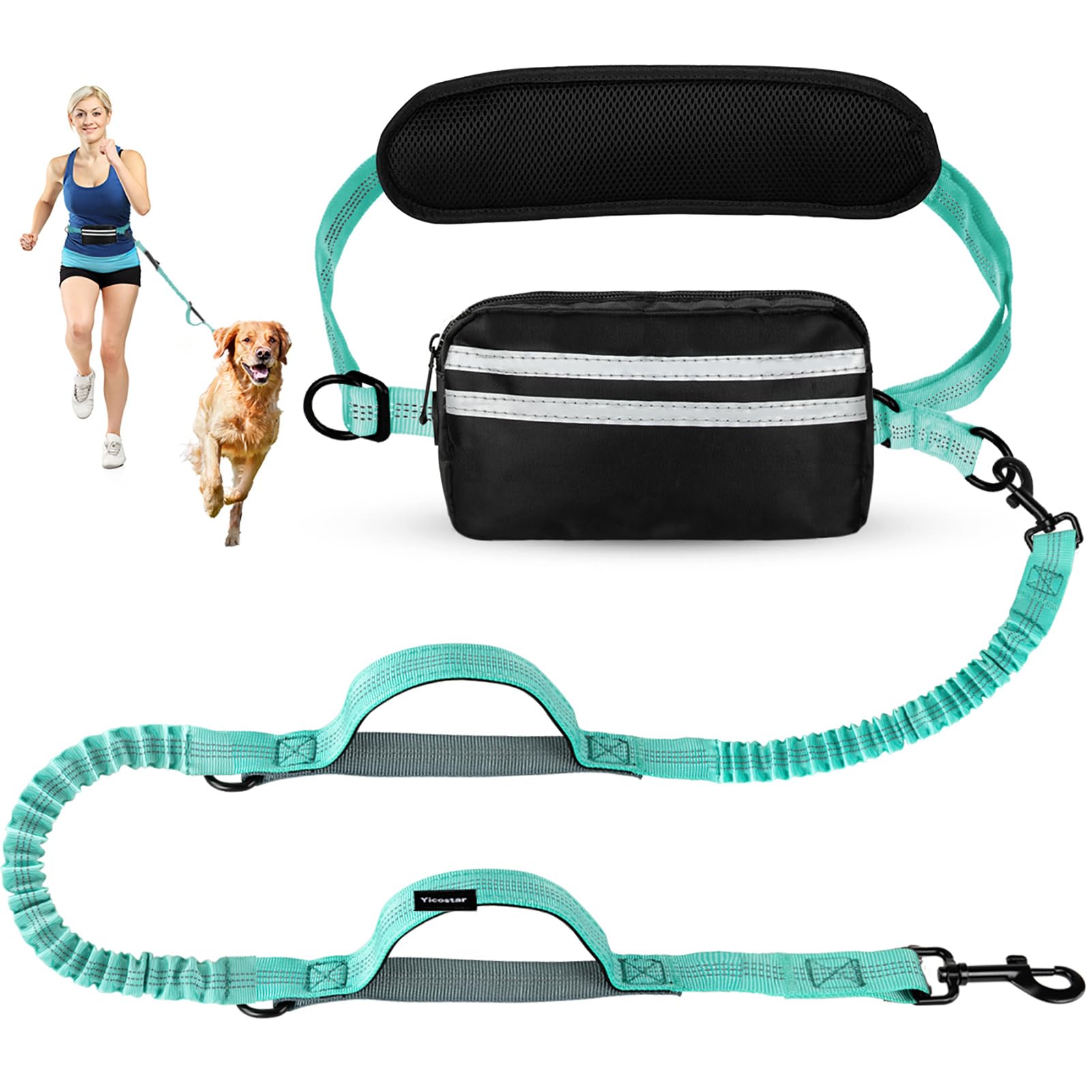 Yicostar Hands Free Dog Leash, Waist Leash for Dog Walking, Dog Walking Accessories, Retractable Bungee with Double Padded Handles, Green