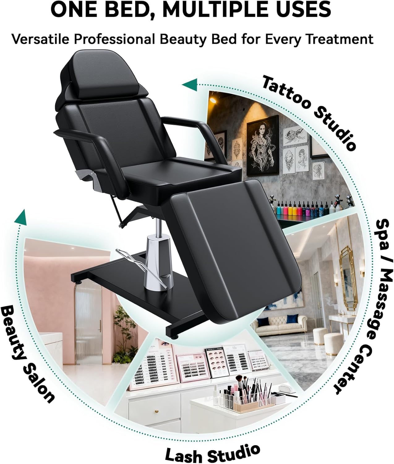 Professional Hydraulic Tattoo Chair Esthetician Bed, 3-Section Adjustable Tattoo Table Facial Beds with Rolling Stool, Heavy-Duty Steel Frame for Beauty, Spa, and Studio