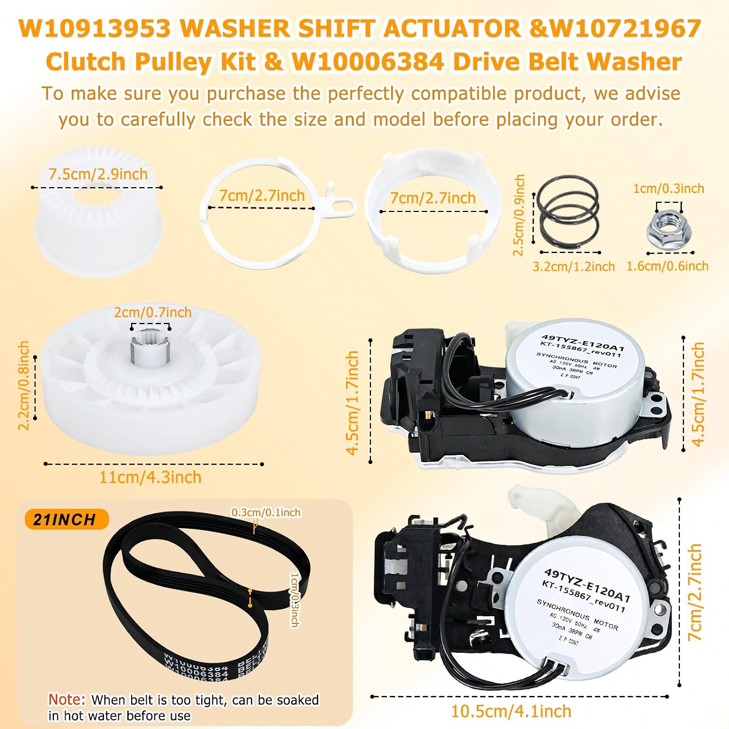 W10913953 49tyz-e120a1 Washer Shift Actuator with W10721967 Pulley Clutch and W10006384 Drive Belt Kit by MKZTM - Compatible with Whirlpool Kenmore Maytag Amana Washing Machines