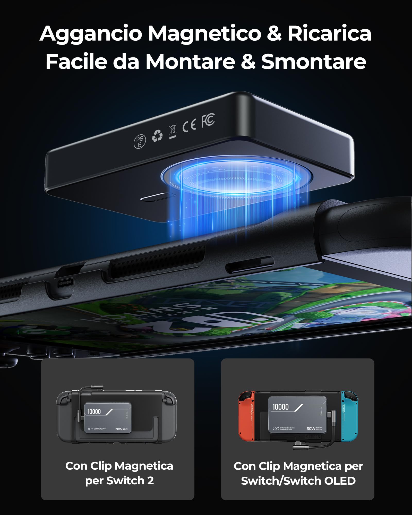 Antank B5 10000mAh Magnetica Power Bank per Nintendo Switch 2 & iPhone | 30W PD Ricarica Rapida Powerbank per iPhone 17-12/Switch/Switch OLED, 2 Supporti Posteriori Rimovibili & 2 Cavi Doppi USB-C
