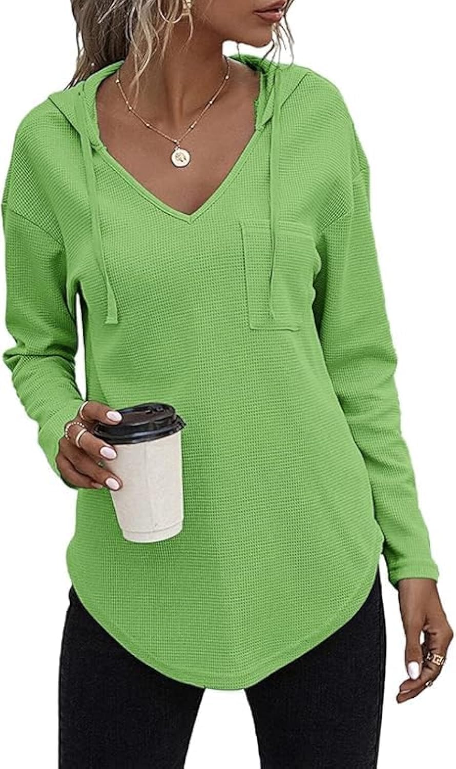 Cuptacc Pullover Damen Hoodie Langarm V Ausschnitt Pullover Sweatshirt Kapuzenpullover Einfarbig Drawstring Top