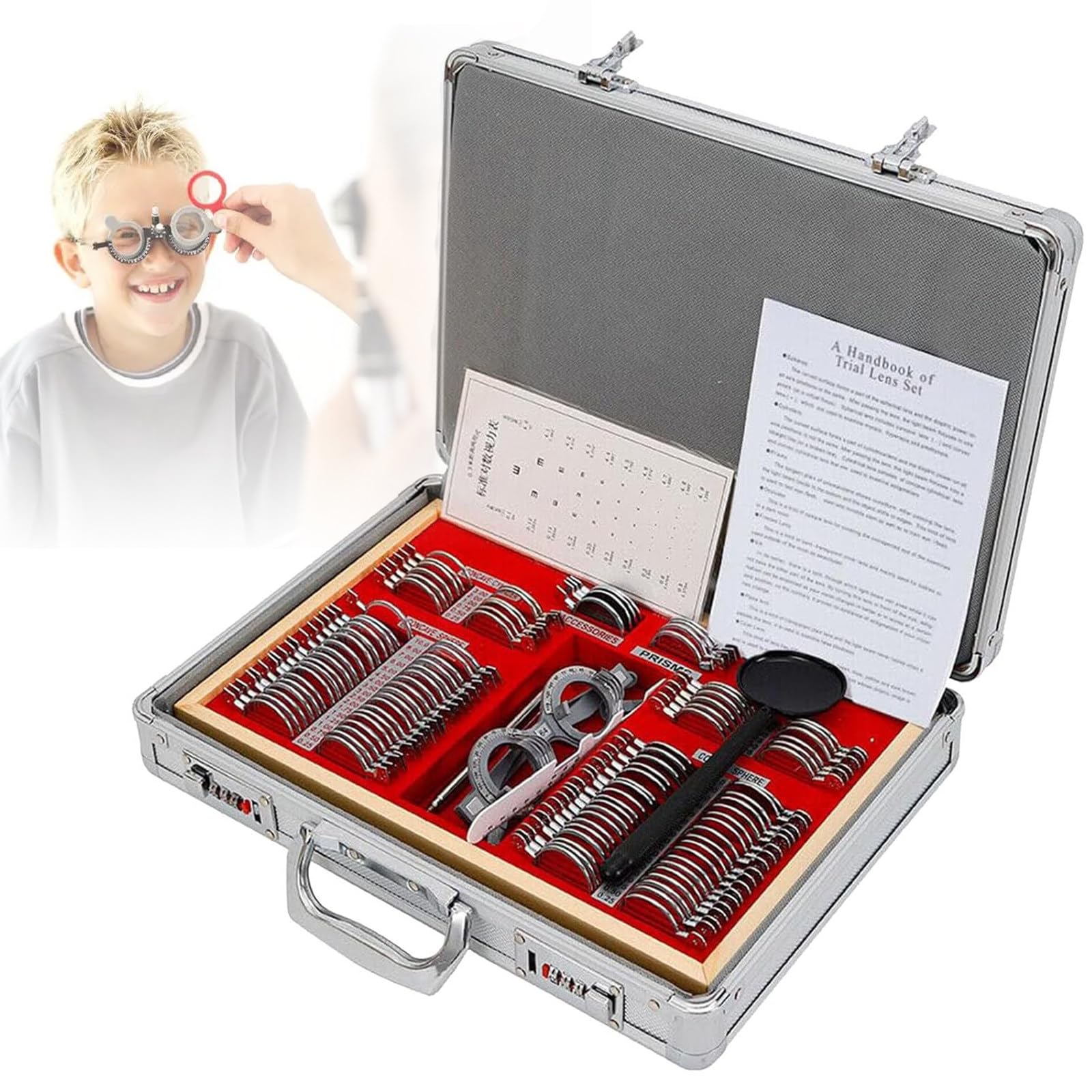 Set di Lenti di Prova ottiche da 104 Pezzi Kit di optometria con Bordo in Metallo Scatola di Alluminio con Montatura in Metallo Custodia per Occhiali di Prova Custodia per Occhiali, Telaio di Prova