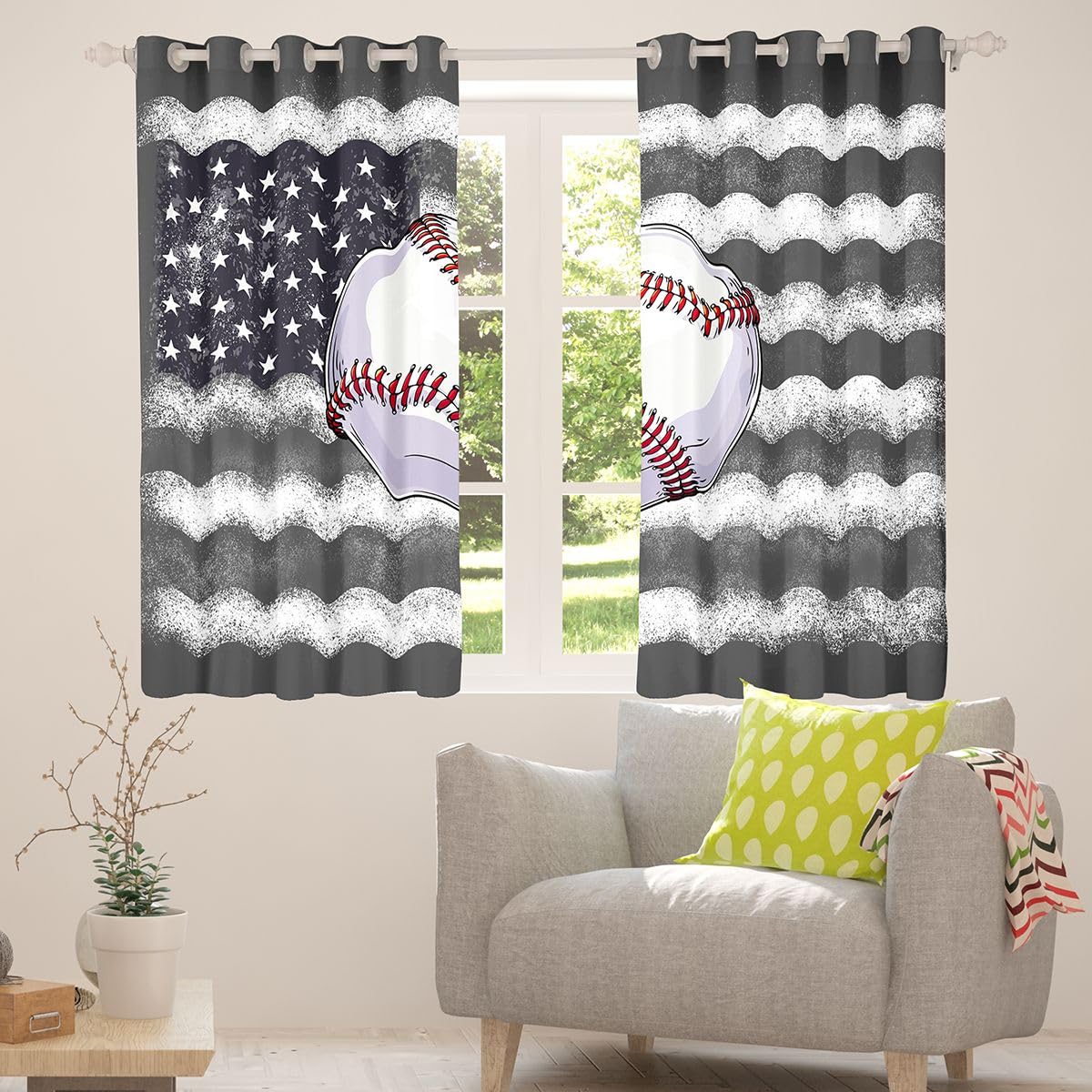 Baseball Vorhänge 245x140cm Amerikanisch Flagge Gardinen Softball Gaming Sport Vorhänge Blickdicht Sport Motiv Thermovorhang Hitzeschutz 2er Set