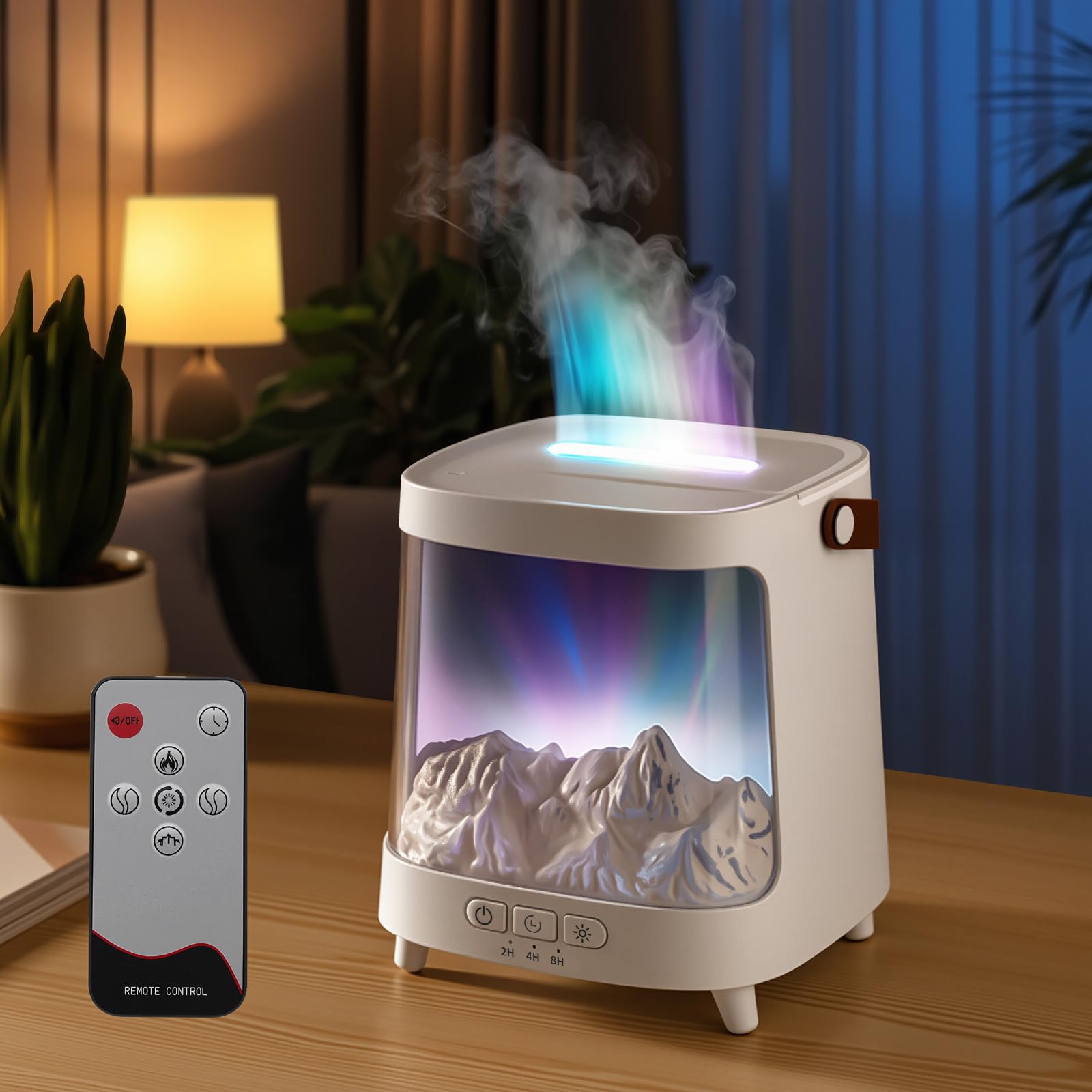 Diffusore di Oli Essenziali con Telecomando, Diffusori Olio Essenziale con Montano Innevato e Effetto Fiamma -7 Colori&Aurora Diffusore di Aromi umidificatore a nebbia per l'ufficio Domestico (Bianco)