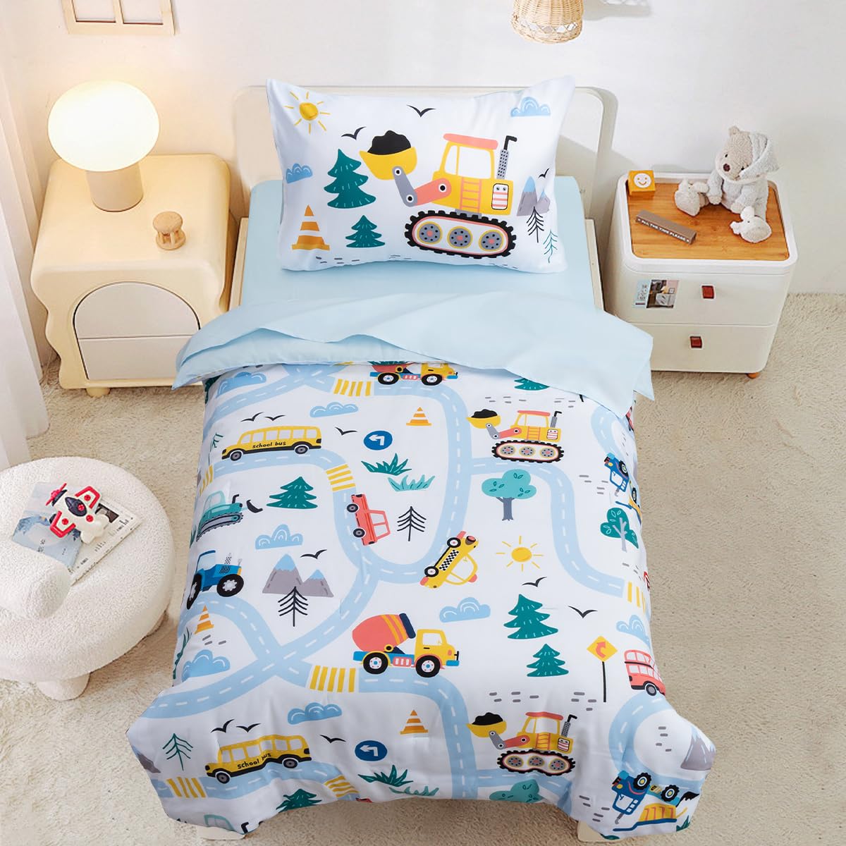 NTBED Set di biancheria da letto per bambini, 4 pezzi, con stampa di veicoli con camion, escavatori, include piumone, lenzuolo piatto, lenzuolo con angoli e federa, azzurro