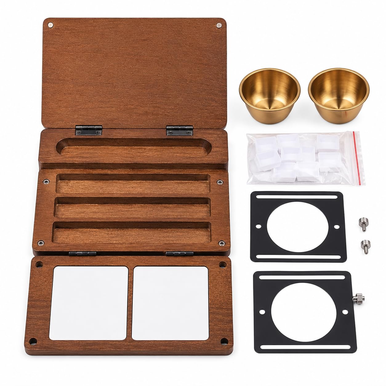 Palette aquarelle 24 puits, bois de noyer, pinceau et tasse
