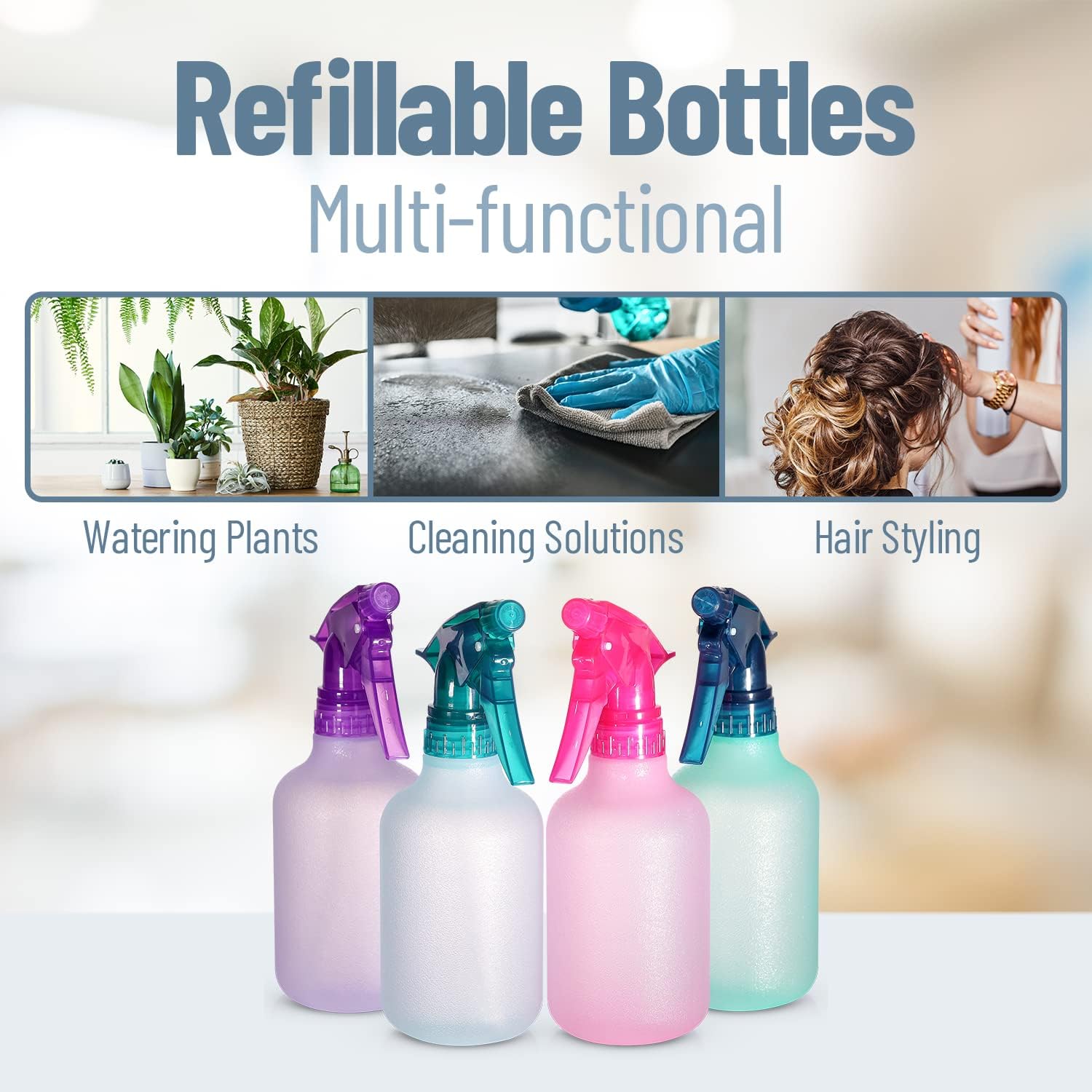 Botellas de color para chorros en 3 modos ajustables, 12 onzas, recargables, para soluciones de limpieza, jardinería, aseo y peluquería (3)