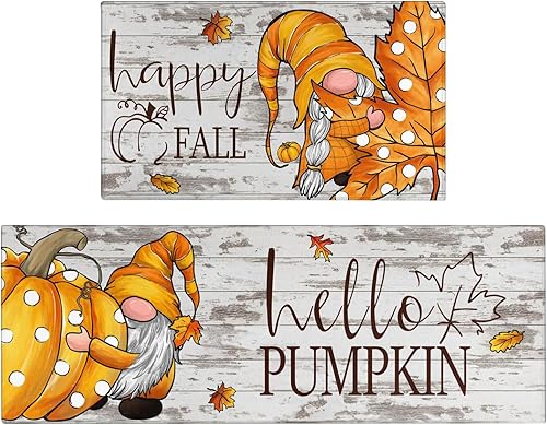 Faptoena Juego de 2 alfombras de cocina de calabaza de otoño, alfombra de cosecha a cuadros de búfalo y alfombras antideslizantes y lavables para