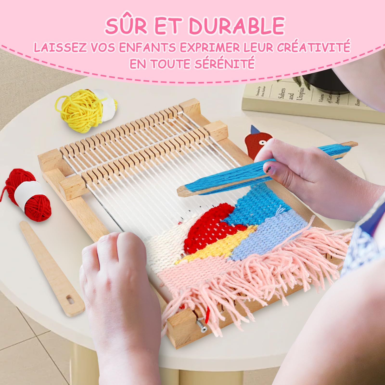 Bibykivn Métier à Tisser En Bois, Machine à Tricoter à la Main Bricolage, Kit de Métier à Tisser pour les Enfants de 6 à 12 Ans, Avec Iaine Colorée pour débutants et enfants