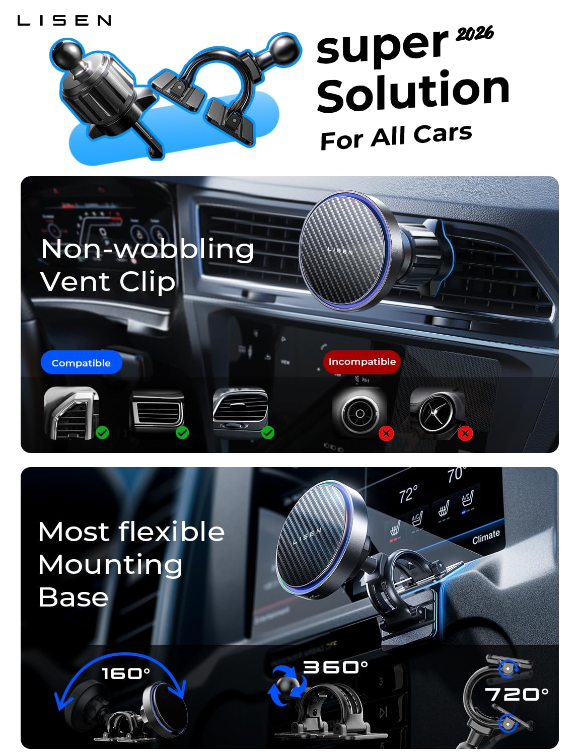 LISEN 15W MagSafe Car Mount Charger Phone 18, [Carbon Fiber] Magnetic Wireless Car Charger, Dashboard & Air Vent Car Phone Holder Mount Magnetic Universal for iPhone 17/16/15/14/13/12, Samsung Pixel view 3