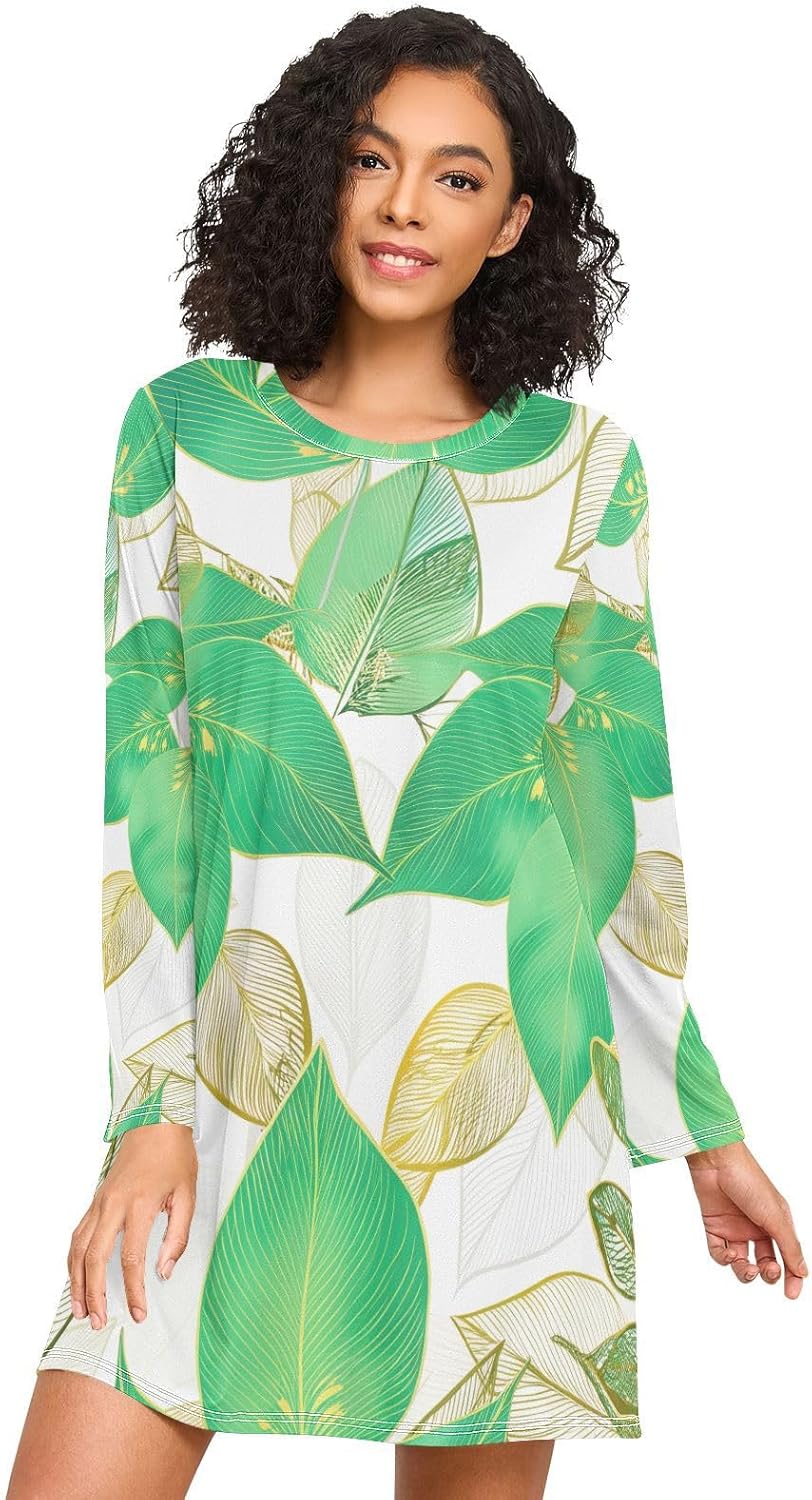 Green Leaves White Long Sleeve Womens Sleep Shirts, Cozy Crewneck Sleep Dress, Comfortable Womens Nightgown