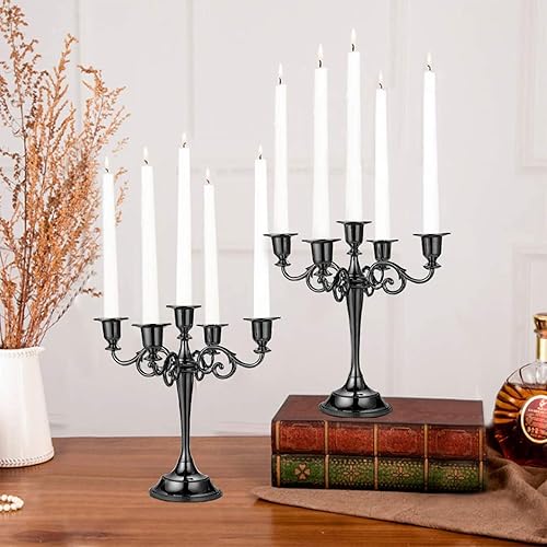 Miniatura 6 de YOUEON Candelabro de 5 brazos, soporte de candelabro negro brillante de 10.4 pulgadas de alto, portavelas gótico para velas de pilar de 1 pulgada de