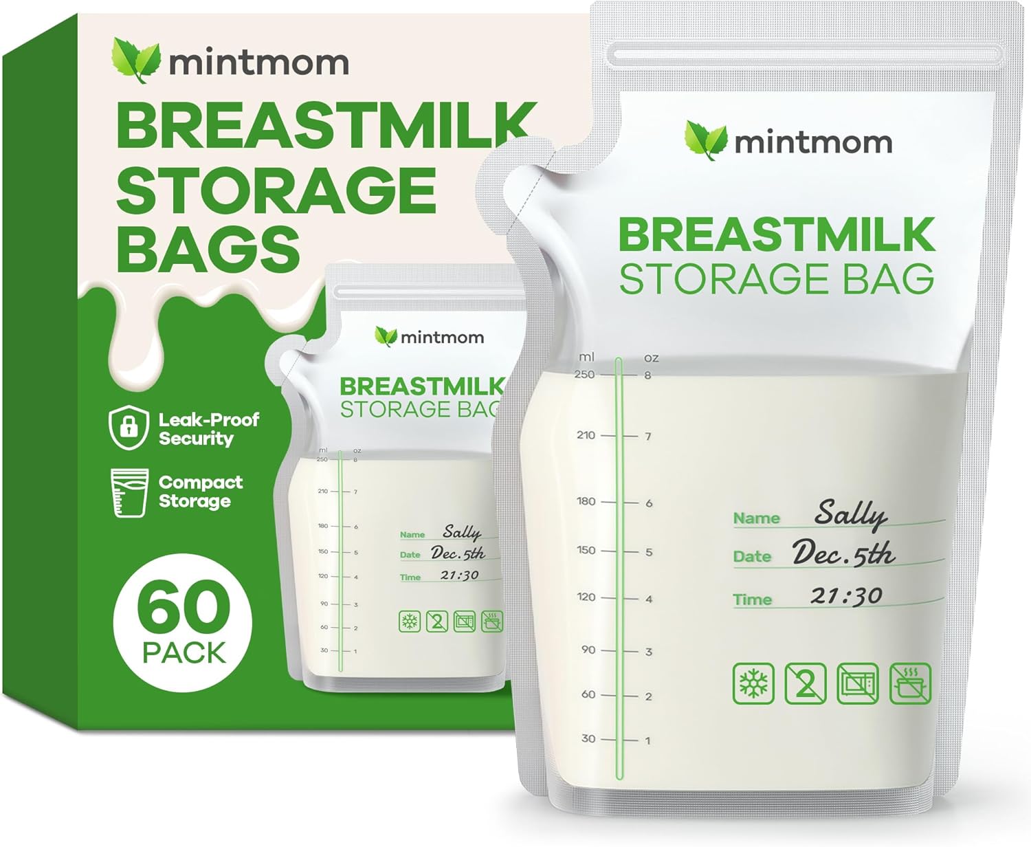 MintMom Breastmilk Storage Bags (60 Pack), 8 OZ Breast Milk