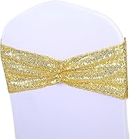 Vista 1 de SquarPie - Paquete de 50 bandas para silla, de elastano elástico dorado, lazos de lentejuelas unilaterales para decoración de bodas, fiestas