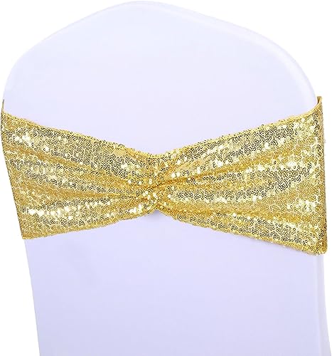 SquarPie - Paquete de 50 bandas para silla, de elastano elástico dorado, lazos de lentejuelas unilaterales para decoración de bodas, fiestas