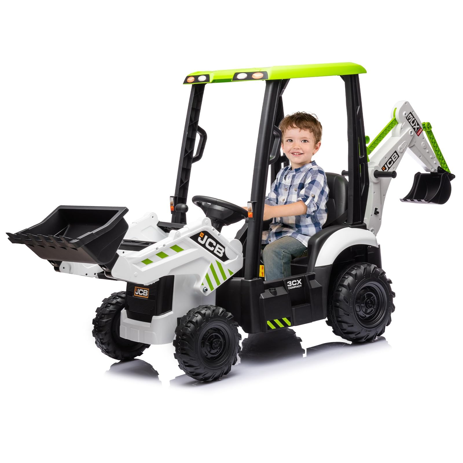 12V Electric Ride on Tractor for Kids, 4-in-1 Ride on Digger and Excavator with Shovel, Bulldozer & Dumper, 2.4G Remote Control, Horn & Music, Battery Powered Tractor Toy for Boys Girls Age 3+ White