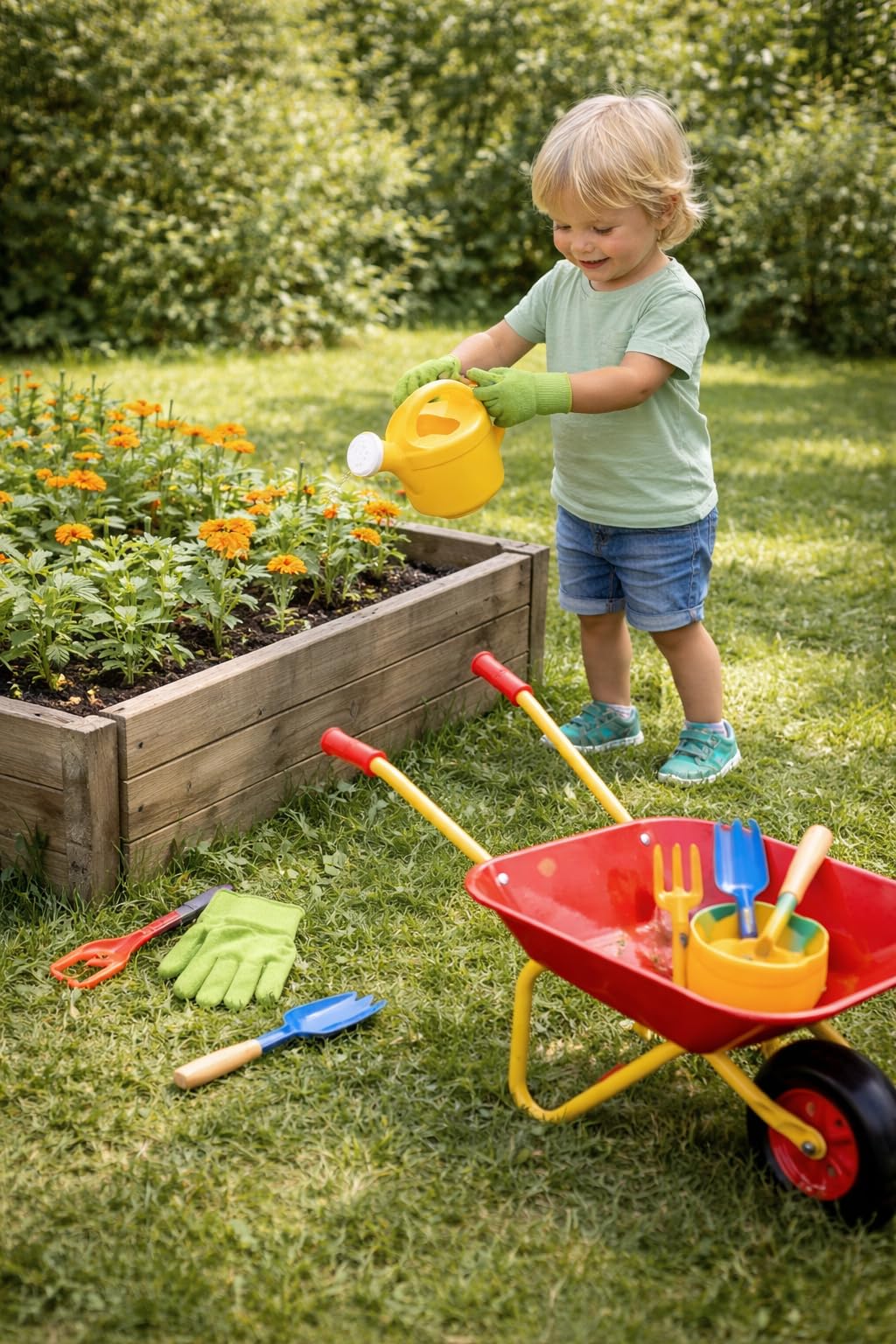 Kinder Schubkarren Set 7-Teile Metall & Holz Gartenspielzeug mit Schubkarre, Schaufel, Harke, Forke, Gießkanne & Handschuh stabile Spiel-Schubkarre rot/gelb Outdoor Spielzeug für Kinder ab 3 Jahren