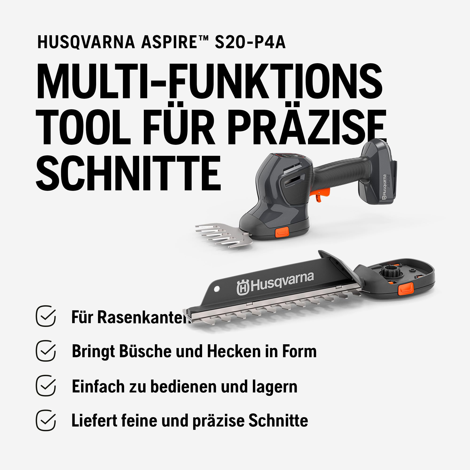 Husqvarna Aspire S20-P4A Cisaille à gazon et à arbustes sans fil 18 V avec lame à arbustes 220 mm et lame de cisaille 130 mm (avec batterie et chargeur)