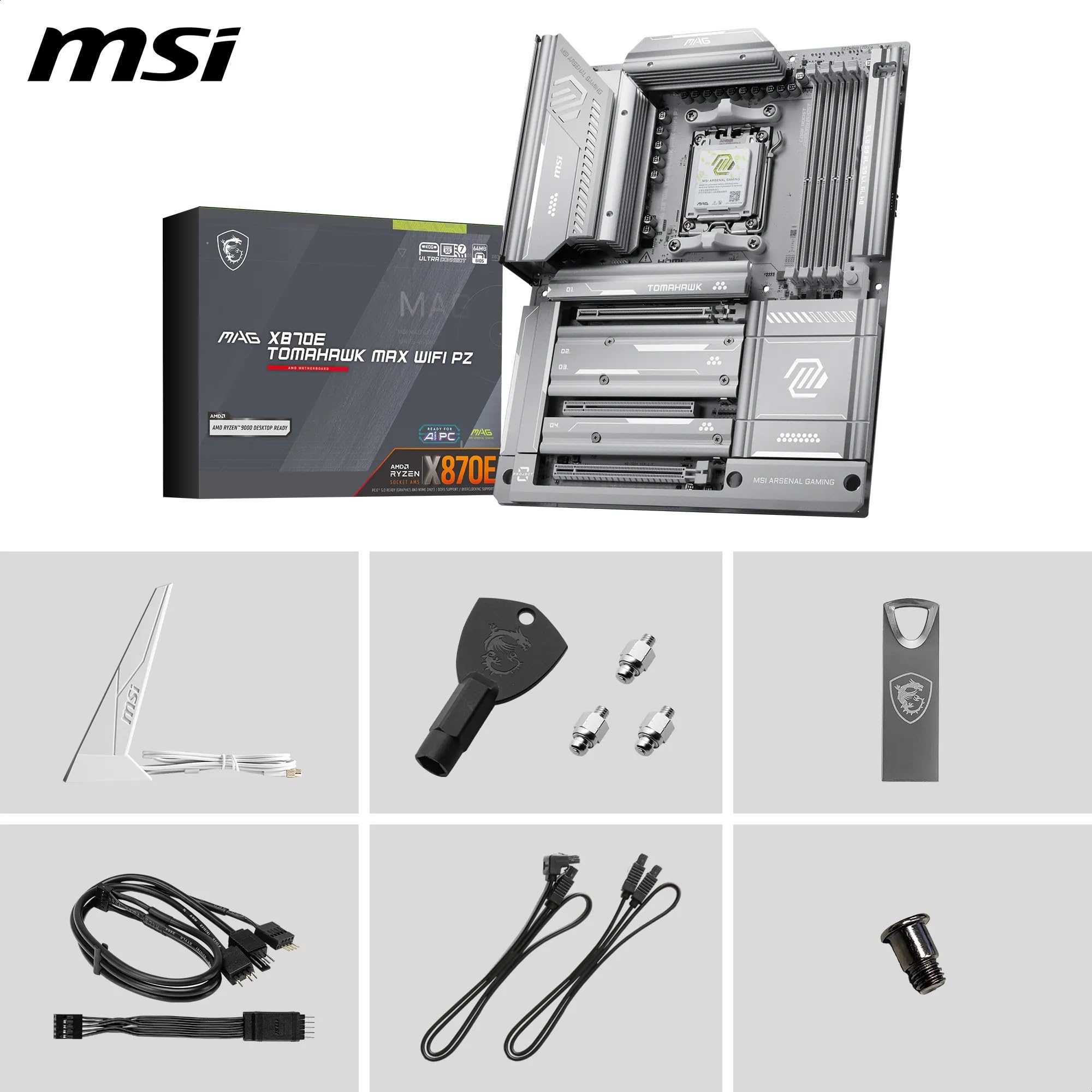 MSI MAG X870E Tomahawk MAX WiFi PZ Placa base, ATX – Soporta procesadores AMD Ryzen 9000/8000/7000, AM5 - DDR5 Memory Boost 8400+ MT/s (OC), PCIe 5.0 x16, M.2 Gen5, Wi-Fi 7, 5G LAN