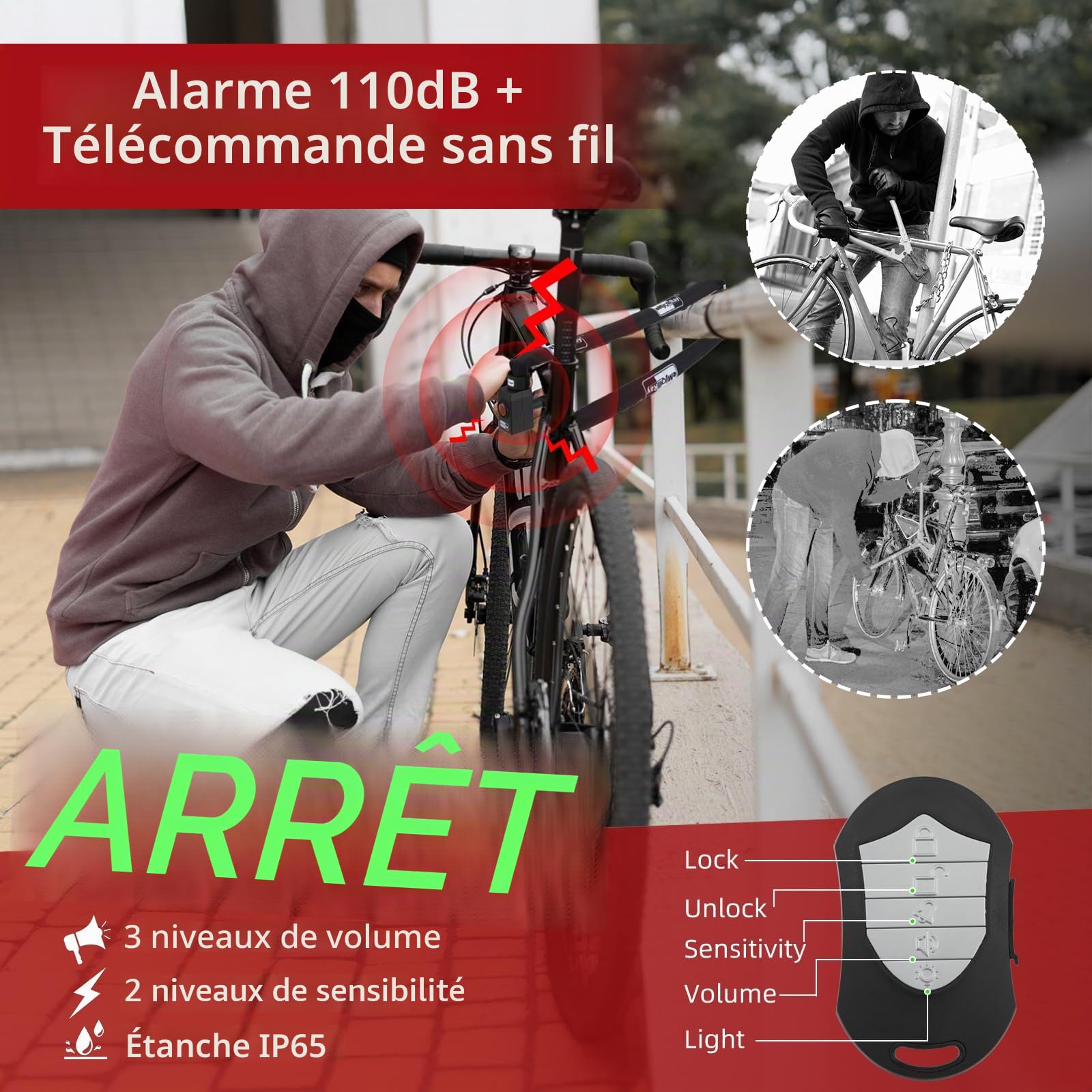BANGTING 120CM Chaîne Antivol Vélo avec 110dB Alarme, Chaine Antivol Moto avec 3 Clés, Cadenas Velo pour Vélos, Motos, Trotinette Electrique, Portails (Noir)