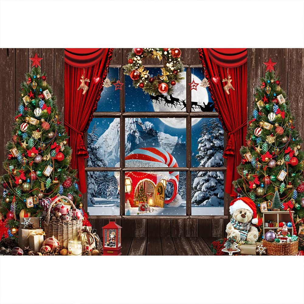 Aoihrraan 3x2,5m Toile De Fond Photographie Noël - Arbre Rouge, Rideau, Bonbons, Maison Père Noël, Renne, Hiver, Neige - Fond Pour Nouvel An, Fête Famille, Décor Photo Studio