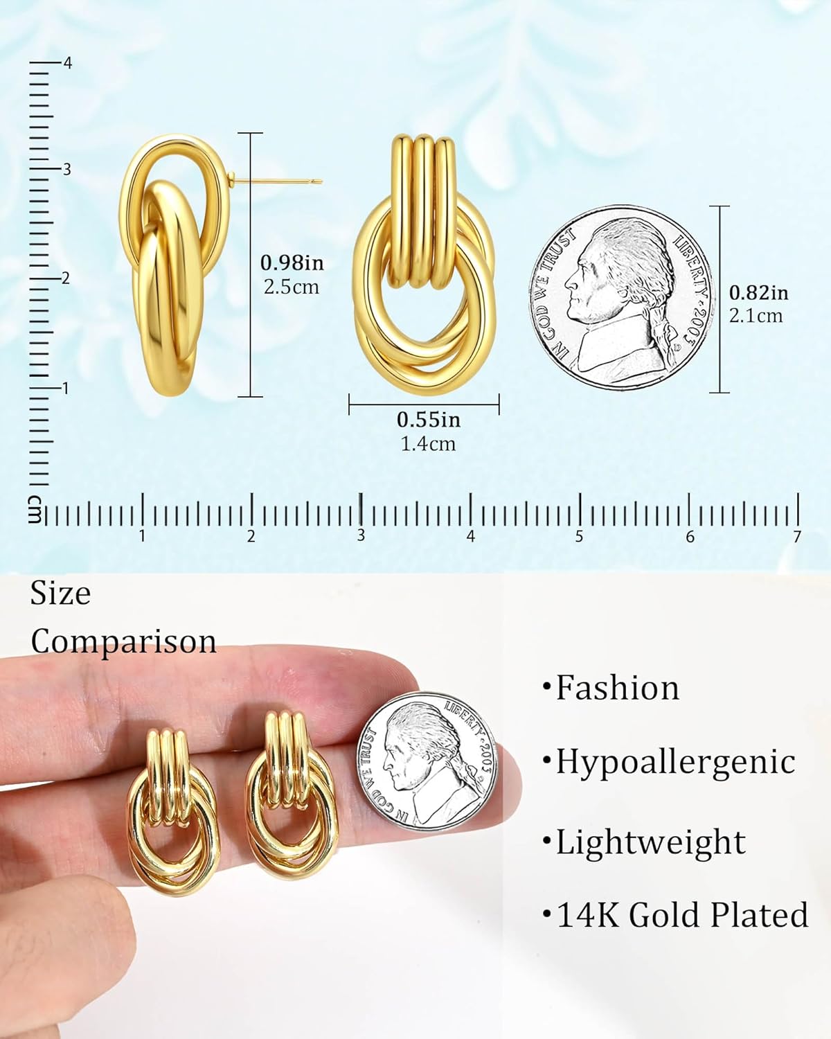 Hypoallergenic 14K Gold Plated Knot Earrings for Women, Chunky Gold Plated Drop Dangle Earrings Lightweight Fashion Geometric Jewelry Gifts for Women Trendy - Image 5