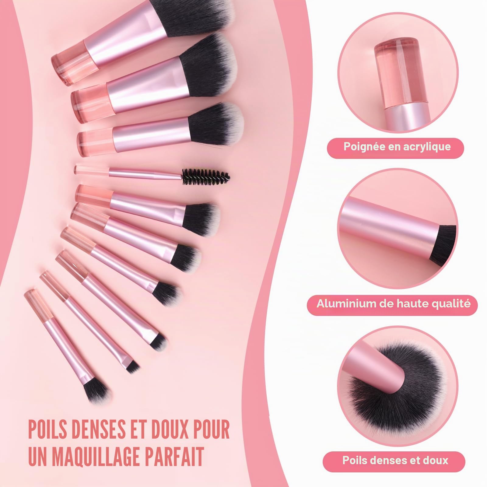 Lot de 10 Pinceaux de Maquillage de Voyage, Mini Pinceau de Maquillage Avec Sac PU, Set de Pinceaux Cosmétiques, Set de Pinceaux de Maquillage Portable (Rose)